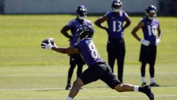 Jun 14, 2016; Baltimore, MD, USA; Baltimore Ravens wide receiver Keenan Reynolds (81) leaps for a catch during the first day of minicamp sessions at Under Armour Performance Center. Mandatory Credit: Tommy Gilligan-USA TODAY Sports