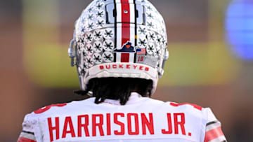 COLLEGE PARK, MARYLAND - NOVEMBER 19: A view of the achievement stickers on the helmet of Marvin Harrison Jr. #18 of the Ohio State Buckeyes during the game against the Maryland Terrapins at SECU Stadium on November 19, 2022 in College Park, Maryland. (Photo by G Fiume/Getty Images)
