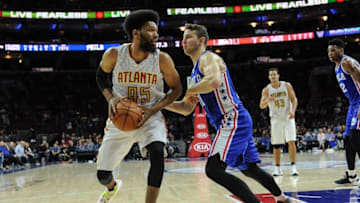 Oct 29, 2016; Philadelphia, PA, USA; Atlanta Hawks forward DeAndre Bembry (95) looks to pass as Philadelphia 76ers guard Nik Stauskas (11) defends during the fourth quarter of the game at the Wells Fargo Center. The Atlanta Hawks won 104-72. Mandatory Credit: John Geliebter-USA TODAY Sports