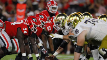 ATHENS, GEORGIA - SEPTEMBER 21: The Notre Dame Fighting Irish prepare to snap the ball in the fist half against the Georgia Bulldogs at Sanford Stadium on September 21, 2019 in Athens, Georgia. (Photo by Kevin C. Cox/Getty Images)