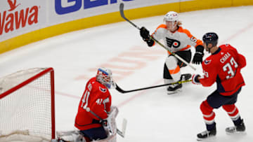 May 7, 2021; Washington, District of Columbia, USA; Philadelphia Flyers right wing Wade Allison (57) scores a goal on Washington Capitals goaltender Vitek Vanecek (41) in the second period at Capital One Arena. Mandatory Credit: Geoff Burke-USA TODAY Sports