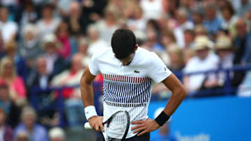 EASTBOURNE, ENGLAND - JUNE 30: Novak Djokovic of Serbia looks dejected during his mens semi final match against Daniel Medvedev of Russia on day 6 of the Aegon International Eastbourne on June 30, 2017 in Eastbourne, England. (Photo by Charlie Crowhurst/Getty Images for LTA)