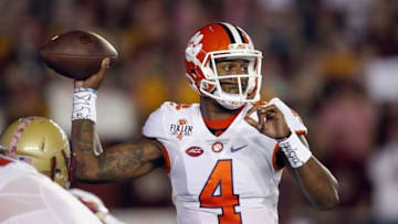 Oct 7, 2016; Boston, MA, USA; Clemson Tigers quarterback Deshaun Watson (4) throws a pass against Boston College during the first quarter at Alumni Stadium. Mandatory Credit: Stew Milne-USA TODAY Sports