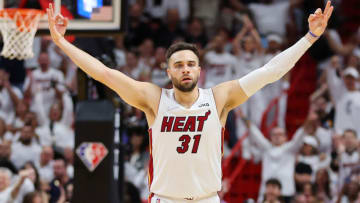 Max Strus #31 of the Miami Heat celebrates a three pointer against the Philadelphia 76ers(Photo by Michael Reaves/Getty Images)