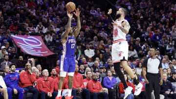 P.J. Tucker #17 of the Philadelphia 76ers shoots past Caleb Martin #16 of the Miami Heat(Photo by Tim Nwachukwu/Getty Images)