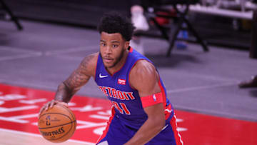DETROIT, MICHIGAN - JANUARY 10: Saddiq Bey #41 of the Detroit Pistons brings the ball down the court during the third quarter of the game against the Utah Jazz at Little Caesars Arena on January 10, 2021 in Detroit, Michigan. Utah Jazz defeated the Detroit Pistons 96-86. NOTE TO USER: User expressly acknowledges and agrees that, by downloading and or using this photograph, User is consenting to the terms and conditions of the Getty Images License Agreement. (Photo by Leon Halip/Getty Images)