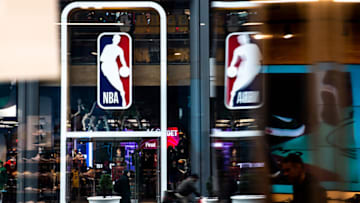 NEW YORK, NY - MARCH 12: An NBA logo is shown at the 5th Avenue NBA store on March 12, 2020 in New York City. The National Basketball Association said they would suspend all games after player Rudy Gobert of the Utah Jazz reportedly tested positive for the Coronavirus (COVID-19). (Photo by Jeenah Moon/Getty Images)