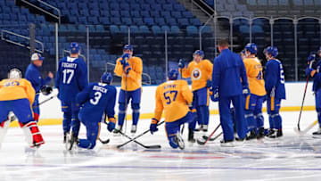 BUFFALO, NY - JANUARY 1: The Buffalo Sabres on the ice during training camp at KeyBank Center on January 1, 2021 in Buffalo, New York. (Photo by Kevin Hoffman/Getty Images)