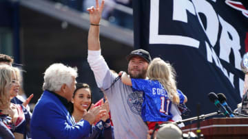 Sep 26, 2021; Foxborough, Massachusetts, USA; Former New England Patriots Julian Edelman is honored during halftime against the New Orleans Saints at Gillette Stadium. Mandatory Credit: David Butler II-USA TODAY Sports