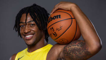 LAS VEGAS, NEVADA - JULY 13: Brice Sensabaugh #8 of the Utah Jazz poses for a portrait during the 2023 NBA rookie photo shoot at UNLV on July 13, 2023 in Las Vegas, Nevada. (Photo by Jamie Squire/Getty Images)