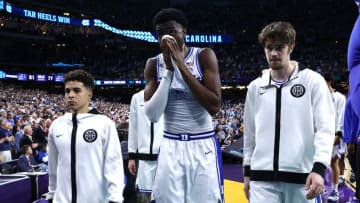 NEW ORLEANS, LOUISIANA - APRIL 02: Mark Williams #15 of the Duke Blue Devils walks off the court after being defeated by the North Carolina Tar Heels 81-77 in the second half of the game during the 2022 NCAA Men's Basketball Tournament Final Four semifinal at Caesars Superdome on April 02, 2022 in New Orleans, Louisiana. (Photo by Jamie Squire/Getty Images)