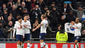 LONDON, ENGLAND - DECEMBER 07: Heung-Min Son of Tottenham Hotspur celebrates after scoring his team's third goal with Dele Alli and Harry Kane during the Premier League match between Tottenham Hotspur and Burnley FC at Tottenham Hotspur Stadium on December 07, 2019 in London, United Kingdom. (Photo by Justin Setterfield/Getty Images)