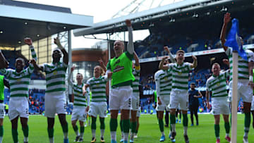GLASGOW, SCOTLAND - SEPTEMBER 01: The Celtic team celebrate at the final whistle as they beat Rangers 2-0 during the Ladbrokes Premiership match between Rangers and Celtic at Ibrox Stadium on September 1, 2019 in Glasgow, Scotland. (Photo by Mark Runnacles/Getty Images)