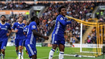 HULL, ENGLAND - OCTOBER 01: Willian of Chelsea celebrates scoring his sides first goal during the Premier League match between Hull City and Chelsea at KCOM Stadium on October 1, 2016 in Hull, England. (Photo by Shaun Botterill/Getty Images)