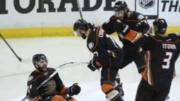 May 17, 2015; Anaheim, CA, USA; Anaheim Ducks right wing Kyle Palmieri (21) celebrates with teammates after scoring a goal against the Chicago Blackhawks during the second period in game one of the Western Conference Final of the 2015 Stanley Cup Playoffs at Honda Center. Mandatory Credit: Kelvin Kuo-USA TODAY Sports