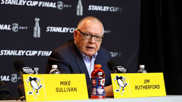 PITTSBURGH, PA - MAY 28: General Manager Jim Rutherford of the Pittsburgh Penguins answers questions in a press conference during Media Day for the 2017 NHL Stanley Cup Final at PPG PAINTS Arena on May 28, 2017 in Pittsburgh, Pennsylvania. (Photo by Bruce Bennett/Getty Images)