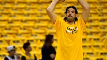 May 18, 2014; Indianapolis, IN, USA; Indiana Pacers forward Luis Scola (4) warms up before game one of the Eastern Conference Finals of the 2014 NBA Playoffs vs the Miami Heat at Bankers Life Fieldhouse. Mandatory Credit: Marc Lebryk-USA TODAY Sports