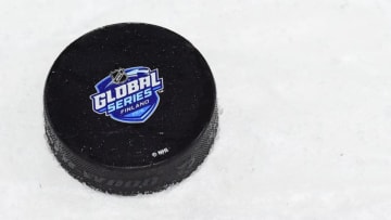 HELSINKI, FINLAND - OCTOBER 30: A practice puck sits on the ice during the Winnipeg Jets practice for the 2018 NHL Global Series against the Florida Panthers at Hartwall Areena on October 30, 2018 in Helsinki, Finland. (Photo by Patrick McDermott/NHLI via Getty Images)