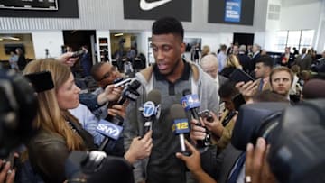 May 16, 2016; Brooklyn, NY, USA; Brooklyn Nets player Thaddeus Young answers questions from media during press conference for new head coach Kenny Atkinson (not pictured) at HSS Training Center. Mandatory Credit: Noah K. Murray-USA TODAY Sports
