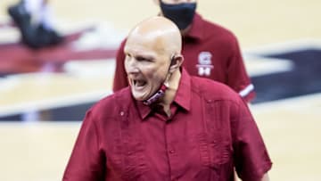 Jan 2, 2021; Columbia, South Carolina, USA; South Carolina Gamecocks head coach Frank Martin directs his team against the Florida A&M Rattlers in the first half at Colonial Life Arena. Mandatory Credit: Jeff Blake-USA TODAY Sports