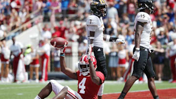 TUSCALOOSA, AL - SEPTEMBER 21: Jerry Jeudy #4 of the Alabama Crimson Tide celebrates after a 20-yard touchdown reception in the third quarter against the Southern Mississippi Golden Eagles at Bryant-Denny Stadium on September 21, 2019 in Tuscaloosa, Alabama. Alabama defeated Southern Miss 49-7. (Photo by Joe Robbins/Getty Images)