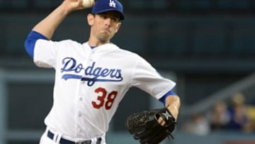 Apr 8, 2015; Los Angeles, CA, USA; Los Angeles Dodgers starting pitcher Brandon McCarthy (38) in the second inning of the game against the San Diego Padres at Dodger Stadium. Mandatory Credit: Jayne Kamin-Oncea-USA TODAY Sports