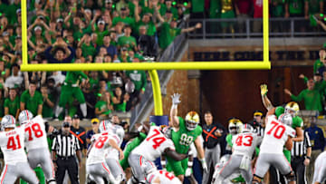 Sep 23, 2023; South Bend, Indiana, USA; Ohio State Buckeyes kicker Jayden Fielding (38) kicks a field goal in the second quarter against the Notre Dame Fighting Irish at Notre Dame Stadium. Mandatory Credit: Matt Cashore-USA TODAY Sports