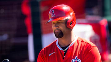 Mar 1, 2021; Tempe, Arizona, USA; Los Angeles Angels first baseman Albert Pujols against the Chicago White Sox during a Spring Training game at Tempe Diablo Stadium. Mandatory Credit: Mark J. Rebilas-USA TODAY Sports