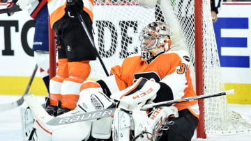 Apr 18, 2016; Philadelphia, PA, USA; Philadelphia Flyers goalie Steve Mason (35) reacts after goal by Washington Capitals during the third period in game three of the first round of the 2016 Stanley Cup Playoffs at Wells Fargo Center. The Capitals defeated the Flyers, 6-1. Mandatory Credit: Eric Hartline-USA TODAY Sports