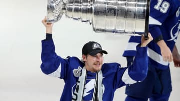 Yanni Gourde #37 of the Tampa Bay Lightning. (Photo by Mike Carlson/Getty Images)