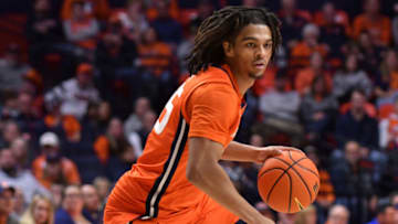 Nov 25, 2022; Champaign, Illinois, USA; Illinois Fighting Illini guard Skyy Clark (55) drives the ball up court during the first half against the Lindenwood Lions at State Farm Center. Mandatory Credit: Ron Johnson-USA TODAY Sports