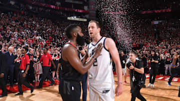 HOUSTON, TX - MAY 8: James Harden #13 of the Houston Rockets greets Joe Ingles #2 of the Utah Jazz after the game in Game Five of the Western Conference Semifinals of the 2018 NBA Playoffs on May 8, 2018 at the Toyota Center in Houston, Texas. NOTE TO USER: User expressly acknowledges and agrees that, by downloading and or using this photograph, User is consenting to the terms and conditions of the Getty Images License Agreement. Mandatory Copyright Notice: Copyright 2018 NBAE (Photo by Bill Baptist/NBAE via Getty Images)