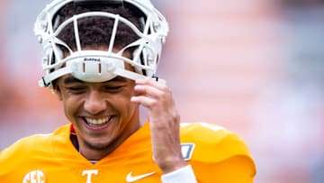 KNOXVILLE, TN - OCTOBER 12: Jarrett Guarantano #2 of the Tennessee Volunteers reacts prior to the game against the Mississippi State Bulldogs at Neyland Stadium on October 12, 2019 in Knoxville, Tennessee. (Photo by Carmen Mandato/Getty Images)