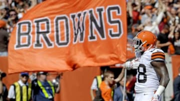 Sep 21, 2014; Cleveland, OH, USA; Cleveland Browns running back Terrance West (28) celebrates a first quarter touchdown run against the Baltimore Ravens at FirstEnergy Stadium. The Ravens won 23-21. Mandatory Credit: Ken Blaze-USA TODAY Sports
