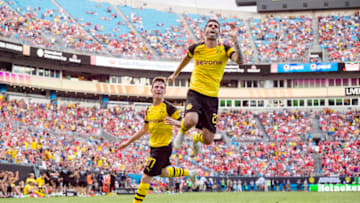 CHARLOTTE, UNITED STATES - JULY 22: Christian Pulisic of Borussia Dortmund celebrates after scoring the goal to the 1:2 during the International Champions Cup 2018 as part of the Borussia Dortmund US Tour 2018 on July 22, 2018 in Charlotte, United States. (Photo by Alexandre Simoes/Borussia Dortmund/Getty Images)