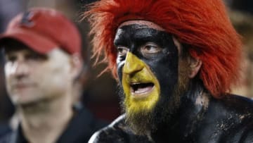 LOUISVILLE, KY - SEPTEMBER 16: A Louisville Cardinals fan reacts in the second quarter of a game against the Clemson Tigers at Papa John's Cardinal Stadium on September 16, 2017 in Louisville, Kentucky. (Photo by Joe Robbins/Getty Images)