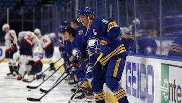 Jan 14, 2021; Buffalo, New York, USA; Buffalo Sabres center Jack Eichel (9) during warmups before a game against the Washington Capitals at KeyBank Center. Mandatory Credit: Timothy T. Ludwig-USA TODAY Sports