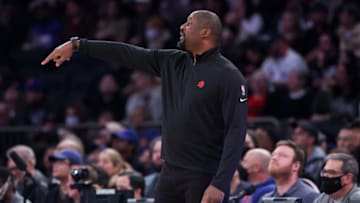 Apr 10, 2022; New York, New York, USA; New York Knicks assistant coach Adrian Griffin coaches during the first half against the New York Knicks at Madison Square Garden. Mandatory Credit: Vincent Carchietta-USA TODAY Sports