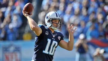 Nov 10, 2013; Nashville, TN, USA; Tennessee Titans quarterback Jake Locker (10) passes against the Jacksonville Jaguars during the first half at LP Field. Mandatory Credit: Jim Brown-USA TODAY Sports