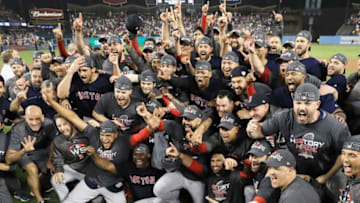 LOS ANGELES, CA - OCTOBER 28: The Boston Red Sox celebrate their 5-1 win over the Los Angeles Dodgers in Game Five to win the 2018 World Series at Dodger Stadium on October 28, 2018 in Los Angeles, California. (Photo by Sean M. Haffey/Getty Images)