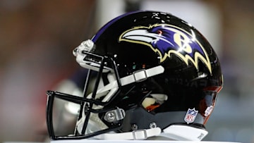 Sep 3, 2015; Atlanta, GA, USA; Detailed view of Baltimore Ravens helmet on the sidelines against the Atlanta Falcons in the third quarter at the Georgia Dome. The Ravens defeated the Falcons 20-19. Mandatory Credit: Brett Davis-USA TODAY Sports