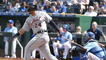 KANSAS CITY, MO - MAY 3: Miguel Cabrera #24 of the Detroit Tigers singles in the sixth inning against the Kansas City Royals at Kauffman Stadium on May 3, 2018 in Kansas City, Missouri. (Photo by Ed Zurga/Getty Images)