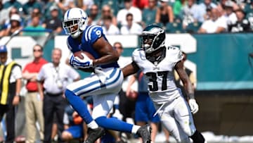 Aug 16, 2015; Philadelphia, PA, USA; Indianapolis Colts wide receiver Duron Carter (9) makes a catch past Philadelphia Eagles cornerback Jaylen Watkins (37) during a preseason NFL football game at Lincoln Financial Field. Mandatory Credit: Derik Hamilton-USA TODAY Sports
