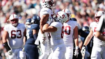 SYDNEY, AUSTRALIA - AUGUST 27: Cameron Scarlett #22 of Stanford celebrates a touchdown with team mates during the College Football Sydney Cup match between Stanford University (Stanford Cardinal) and Rice University (Rice Owls) at Allianz Stadium on August 27, 2017 in Sydney, Australia. (Photo by Matt King/Getty Images)
