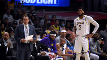 LOS ANGELES, CALIFORNIA - MARCH 08: Frank Vogel and Anthony Davis #3 of the Los Angeles Lakers watch play during the first half against the LA Clippers at Staples Center on March 08, 2020 in Los Angeles, California. NOTE TO USER: User expressly acknowledges and agrees that, by downloading and or using this photograph, User is consenting to the terms and conditions of the Getty Images License Agreement. (Photo by Harry How/Getty Images)