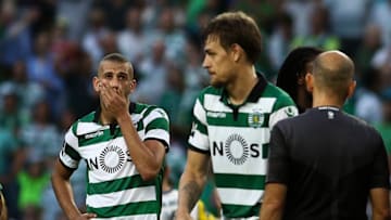 Sporting's forward Islam Slimani (L) reacts during the Portuguese League football match between Sporting CP and FC Porto at Jose Alvalade Stadium in Lisbon on August 28, 2016. (Photo by Carlos Costa/NurPhoto via Getty Images)