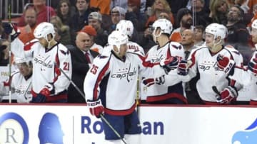 Nov 12, 2015; Philadelphia, PA, USA; Washington Capitals left wing Jason Chimera (25) celebrates his goal against the Philadelphia Flyers during the first period at Wells Fargo Center. Mandatory Credit: Eric Hartline-USA TODAY Sports
