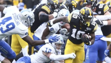 IOWA CITY, IOWA- SEPTEMBER 28: Running back Mekhi Sargent #10 of the Iowa Hawkeyes rushes up field during the first half against safety Reed Blankenship #12 of the Middle Tennessee Blue Raiders on September 28, 2019 at Kinnick Stadium in Iowa City, Iowa. (Photo by Matthew Holst/Getty Images)
