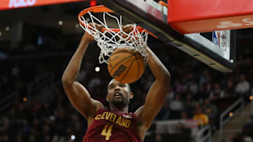 Oct 26, 2022; Cleveland, Ohio, USA; Cleveland Cavaliers center Evan Mobley (4) dunks during the second half against the Orlando Magic at Rocket Mortgage FieldHouse. Mandatory Credit: Ken Blaze-USA TODAY Sports