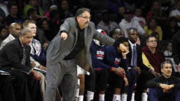 Nov 30, 2014; Auburn Hills, MI, USA; Detroit Pistons head coach Stan Van Gundy throws out his arms during the fourth quarter against the Golden State Warriors at The Palace of Auburn Hills. The Warriors beat the Pistons 104-93. Mandatory Credit: Raj Mehta-USA TODAY Sports
